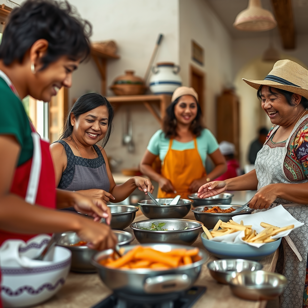 Travelers participating in authentic local cooking class with community members, sharing traditional recipes and cultural stories in a vibrant local kitchen setting