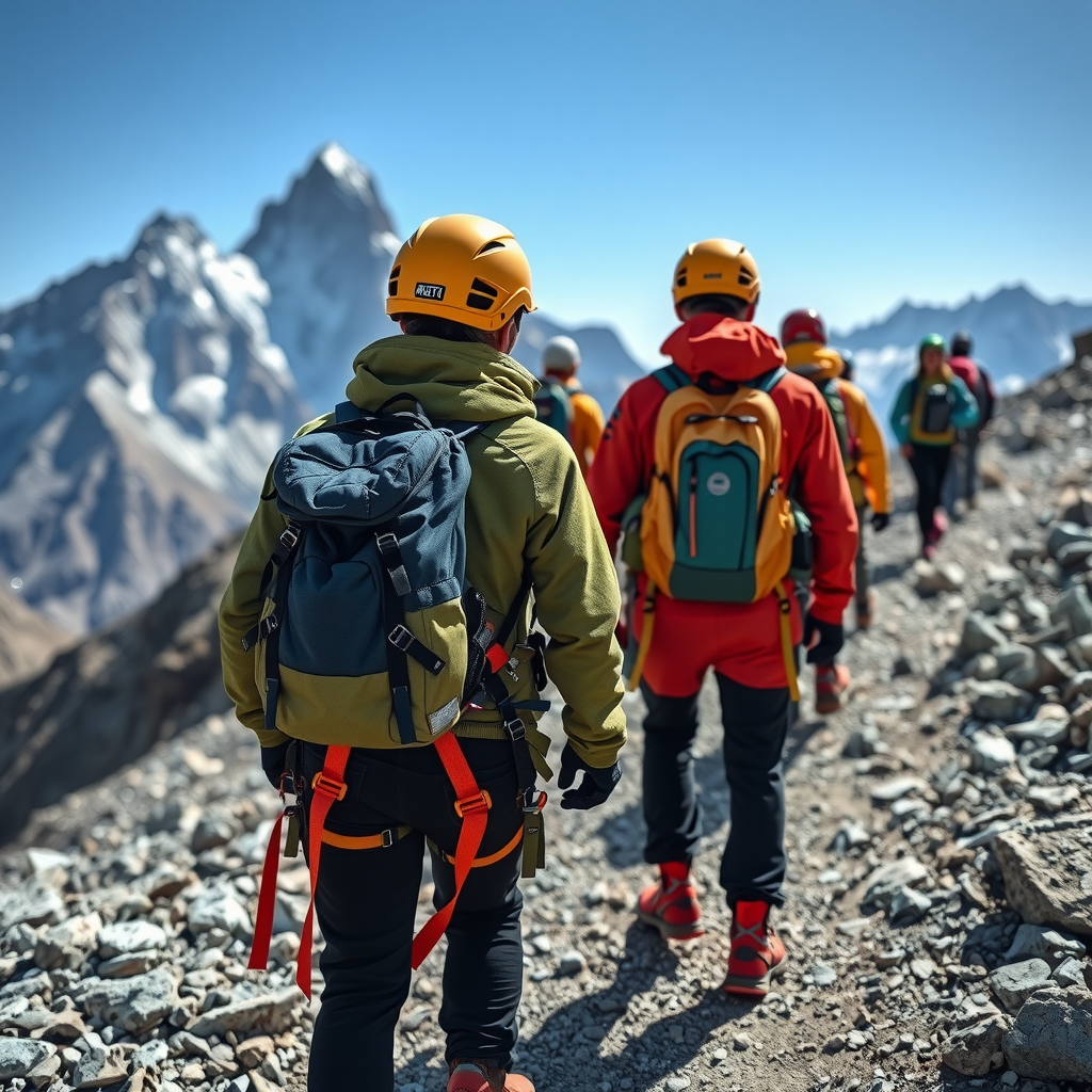 Adventure travelers hiking on a mountain trail with safety equipment including helmets, harnesses, and backpacks, surrounded by dramatic mountain peaks and clear blue sky