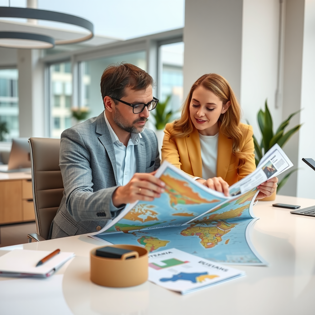 Professional travel consultant working with client at desk reviewing custom itinerary maps and destination brochures in modern bright office