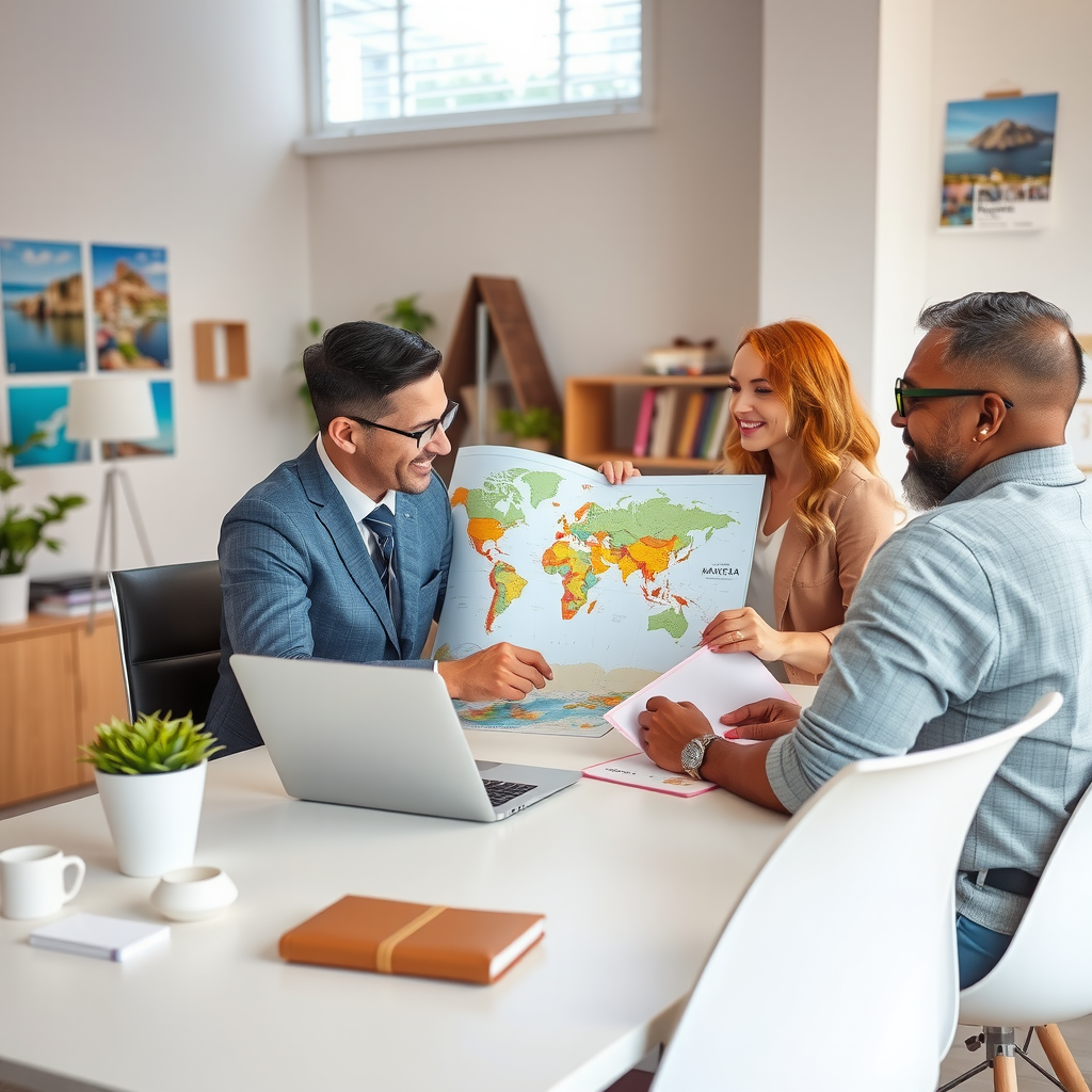 Professional travel consultant sitting at a modern desk with a laptop and world map, discussing personalized travel plans with a happy couple, bright office with travel posters and destination photos on walls