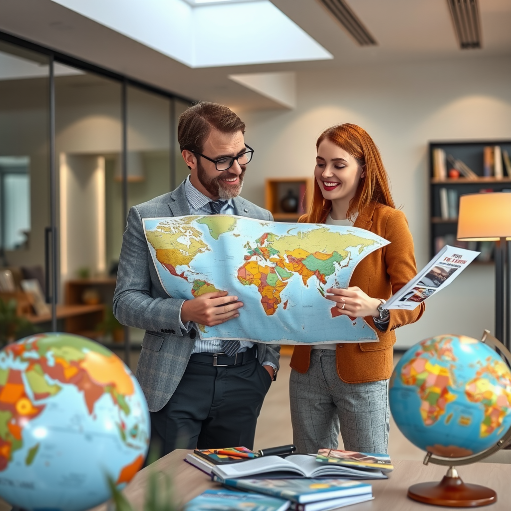Professional travel consultant reviewing world map with client, discussing destination options and travel planning strategies in modern office setting with globe and travel guides