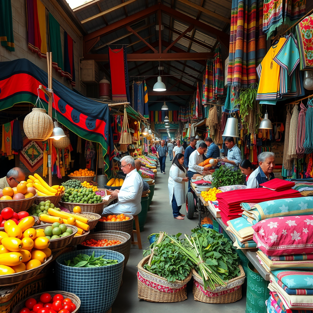 Vibrant local market scene with colorful traditional textiles, fresh produce, and local artisans selling handmade crafts in an authentic setting