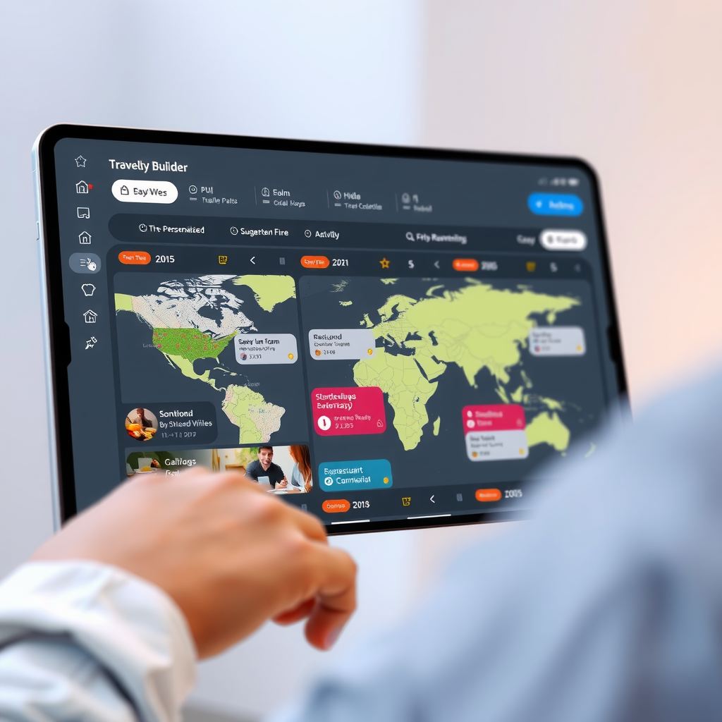 Screenshot of an AI-powered travel itinerary builder interface showing a personalized day-by-day travel plan with interactive map, suggested activities, restaurant recommendations, and smart scheduling features with colorful icons and modern design