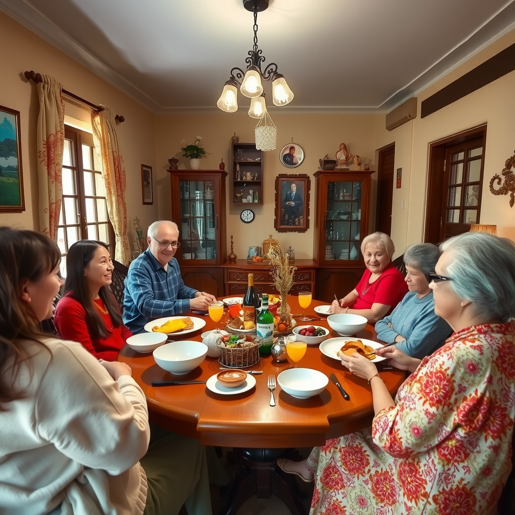 Warm and welcoming homestay interior showing travelers sharing a meal with local host family around a traditional dining table, decorated with local crafts and family photos