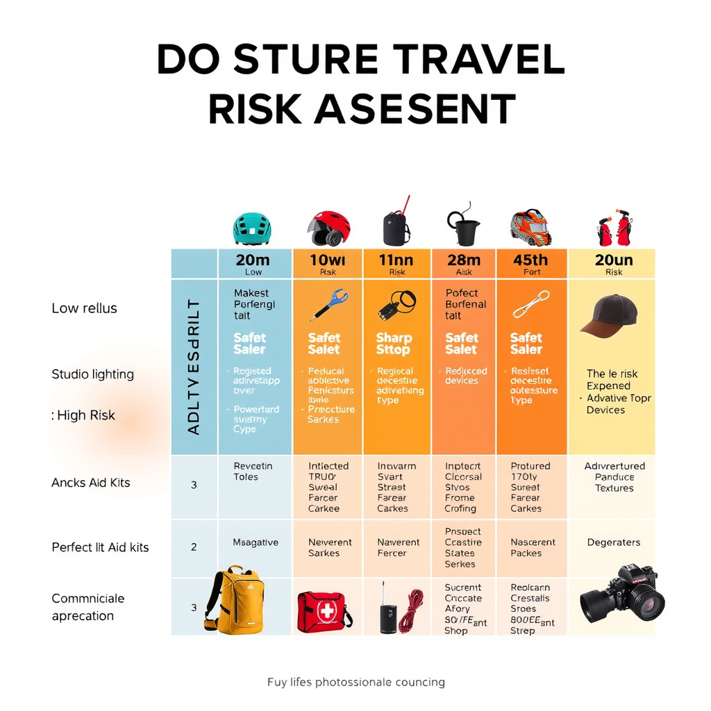 Adventure travel risk assessment chart showing different activity levels from low to high risk, with safety equipment recommendations for each category including helmets, ropes, first aid kits, and communication devices