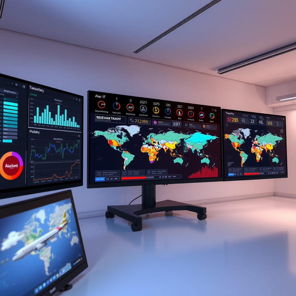 Modern travel monitoring dashboard showing real-time flight tracking, weather alerts, and itinerary updates on multiple screens with world map visualization and data analytics