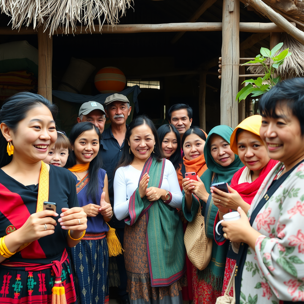 Local community members welcoming tourists in a traditional village setting, showing cultural exchange with handmade crafts displayed, smiling faces, authentic cultural dress, and sustainable tourism practices supporting local economy