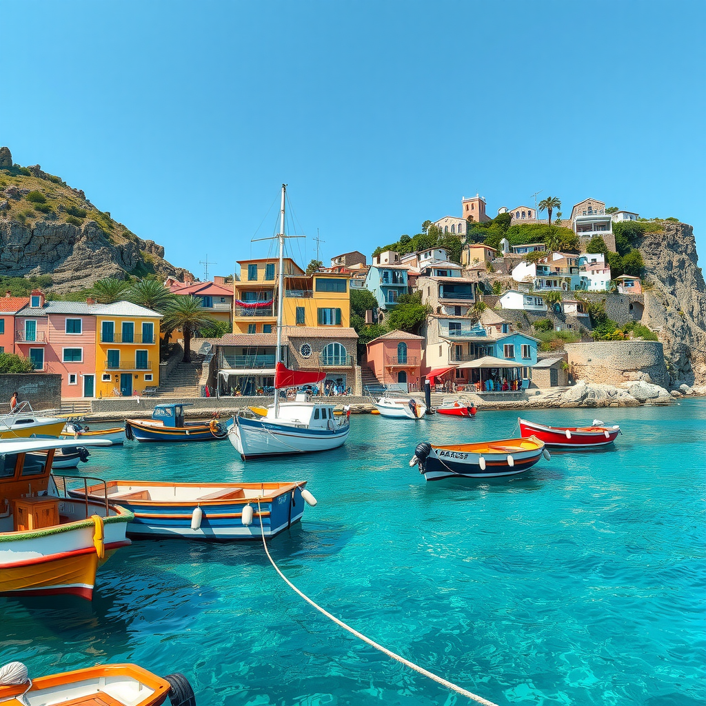 Secluded coastal town with colorful fishing boats, traditional houses along the waterfront, and crystal-clear turquoise waters in a peaceful bay