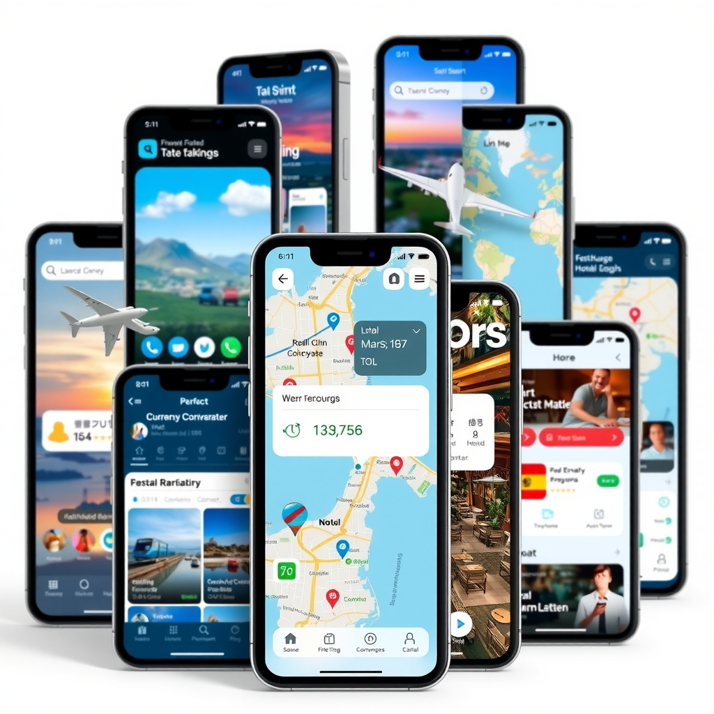 Collection of modern travel mobile apps displayed on multiple smartphones showing features like flight tracking, hotel bookings, interactive maps, language translation, currency converter, and local restaurant recommendations with clean, user-friendly interfaces