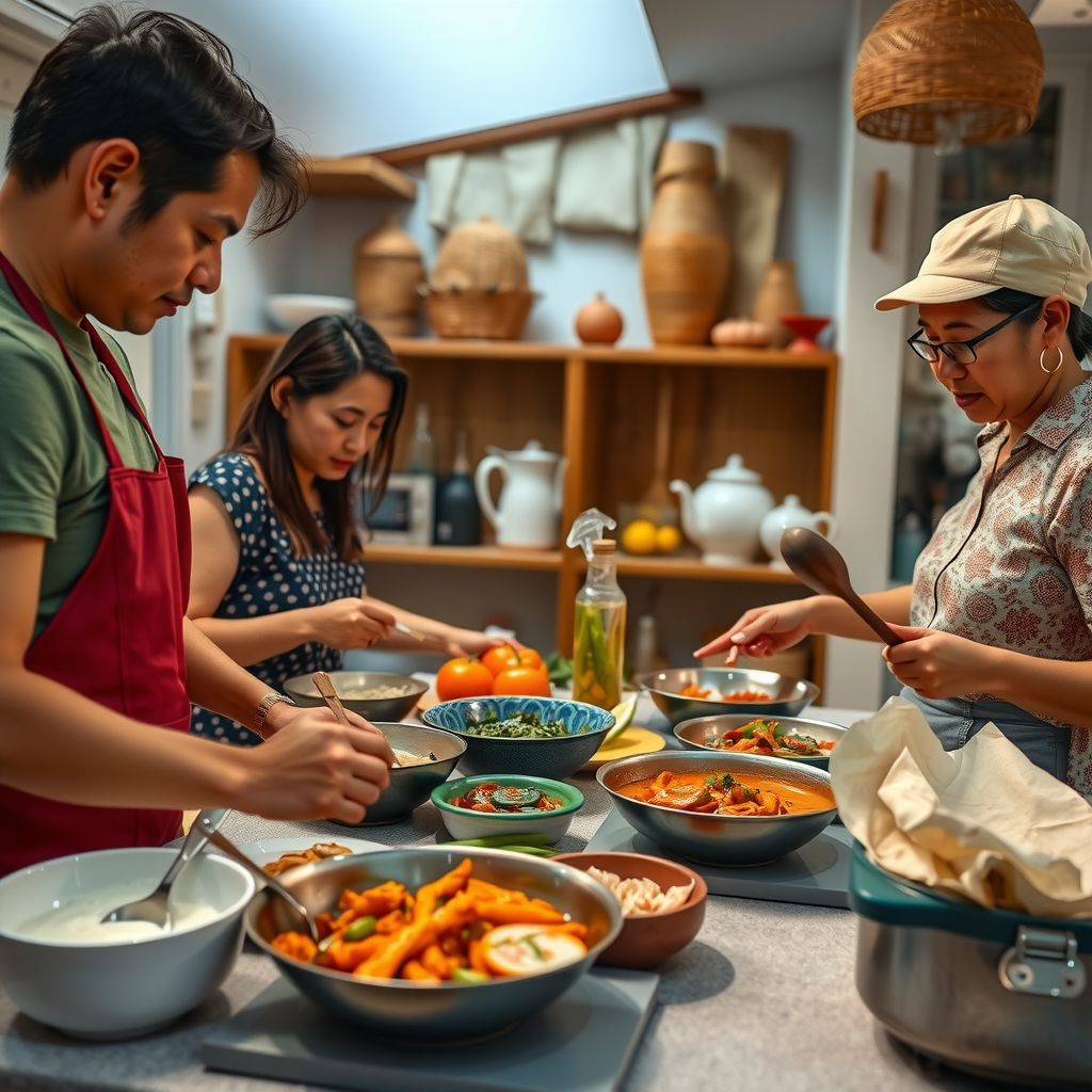 Hands-on cooking class in a local home kitchen with travelers and local chef preparing traditional dishes together, surrounded by fresh local ingredients and traditional cooking tools