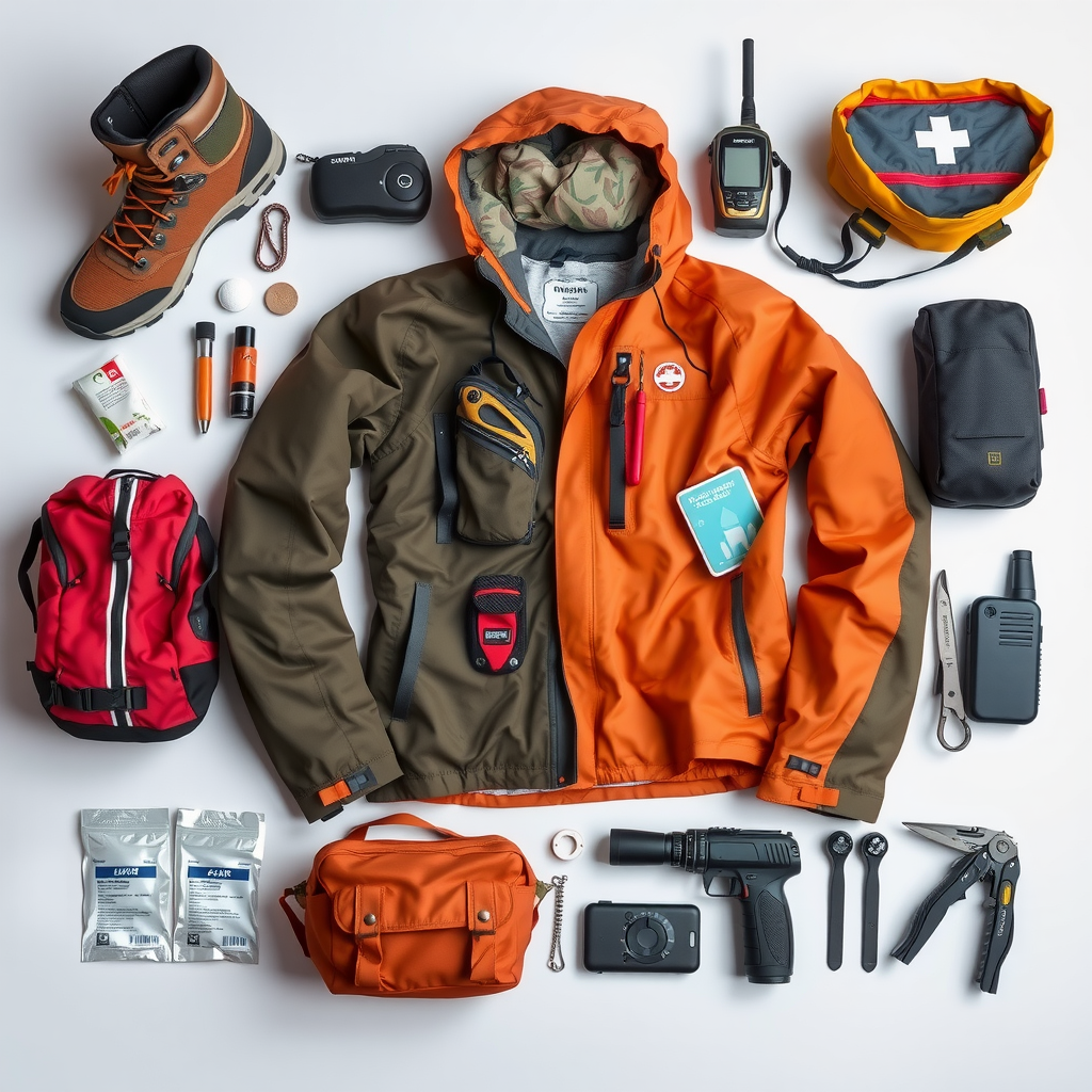 Comprehensive adventure travel equipment laid out including hiking boots, waterproof jacket, first aid kit, GPS device, water purification tablets, emergency shelter, headlamp, multi-tool, and communication devices