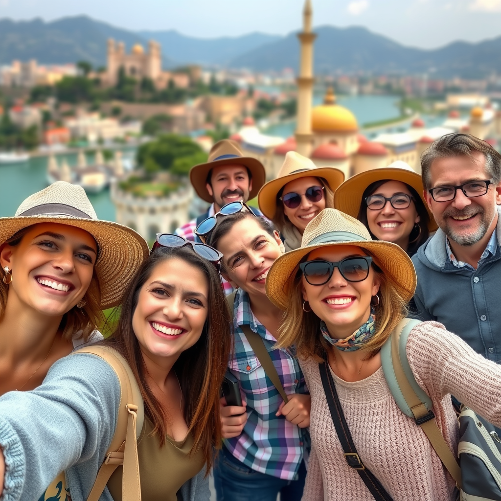 Diverse group of happy travelers of different ages exploring a beautiful destination together, smiling and taking photos, with scenic landscape and cultural landmarks in background, representing successful personalized trip planning