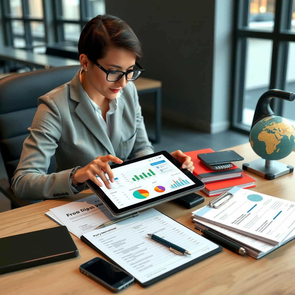 Professional travel coordinator using tablet and phone to manage group travel logistics, with organized documents, schedules, and booking confirmations visible on a modern desk, demonstrating expert coordination and attention to detail