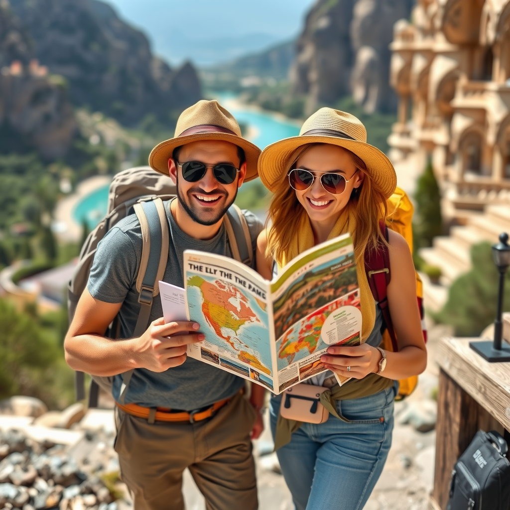 Happy travelers with backpacks exploring beautiful destination, using local map and guidebook, experiencing authentic culture and discovering hidden gems recommended by travel expert