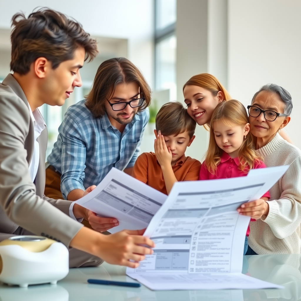 Travel agent helping family with children review travel documents and requirements checklist in bright modern office