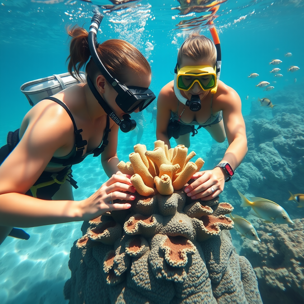 Travelers participating in coral reef restoration project, wearing snorkeling gear, working underwater with marine biologists, planting coral fragments on reef structure, clear turquoise water, tropical fish swimming nearby, conservation in action