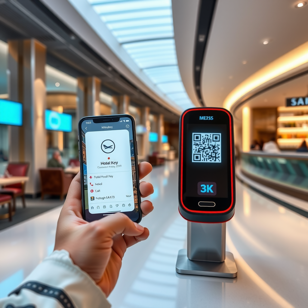 Modern contactless travel technology showing mobile phone with digital boarding pass, hotel room key on smartphone screen, contactless payment terminal, and QR code scanning for restaurant menus in a sleek, futuristic airport and hotel setting
