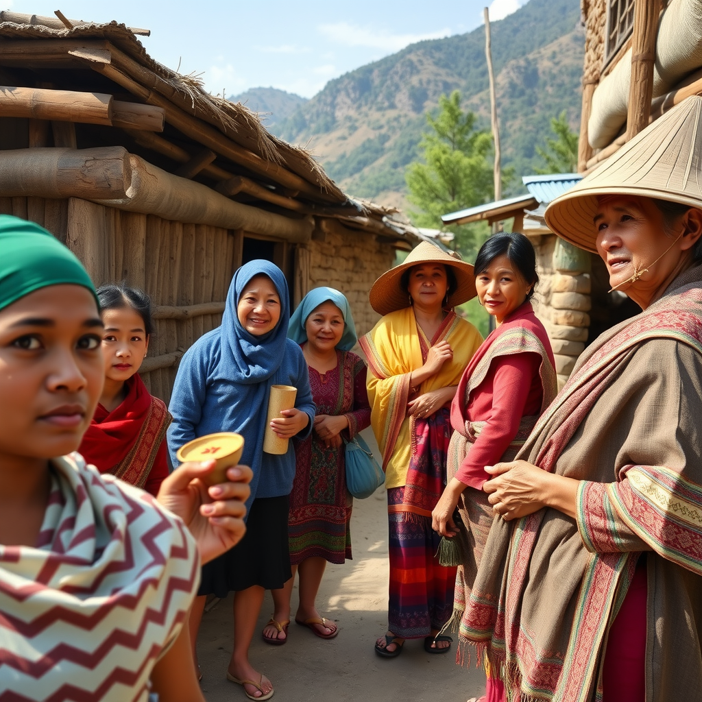 Local community members welcoming travelers to their village, showing traditional crafts and cultural activities in an authentic rural setting with mountains in the background