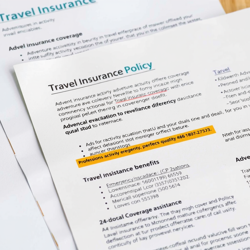 Travel insurance policy documents with highlighted sections showing adventure activity coverage, emergency evacuation benefits, medical coverage limits, and 24-hour emergency assistance contact information