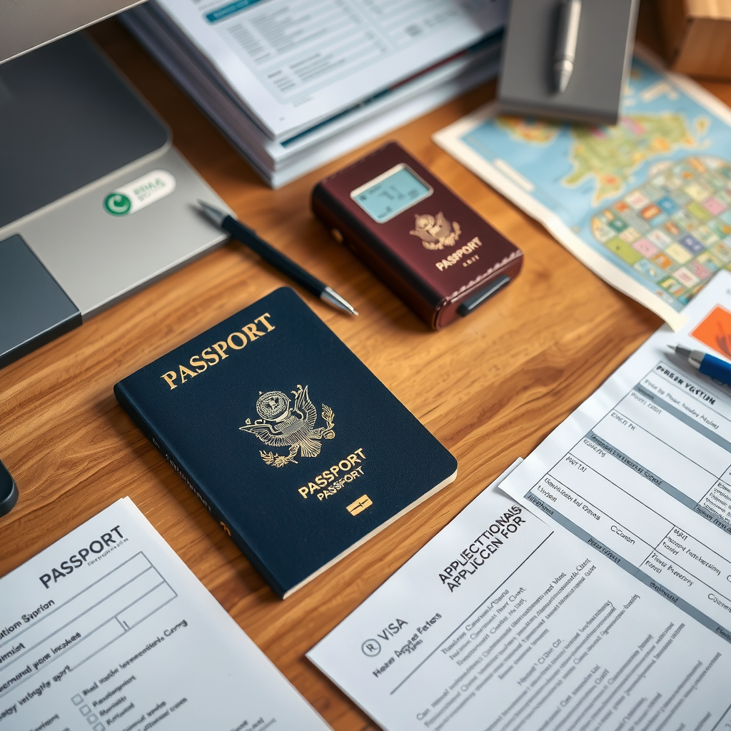 Organized desk with passport visa documents travel insurance papers and application forms being reviewed for international trip preparation