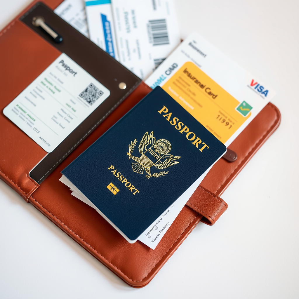 Organized travel document folder with passport, boarding passes, insurance cards, and visa papers ready for international trip