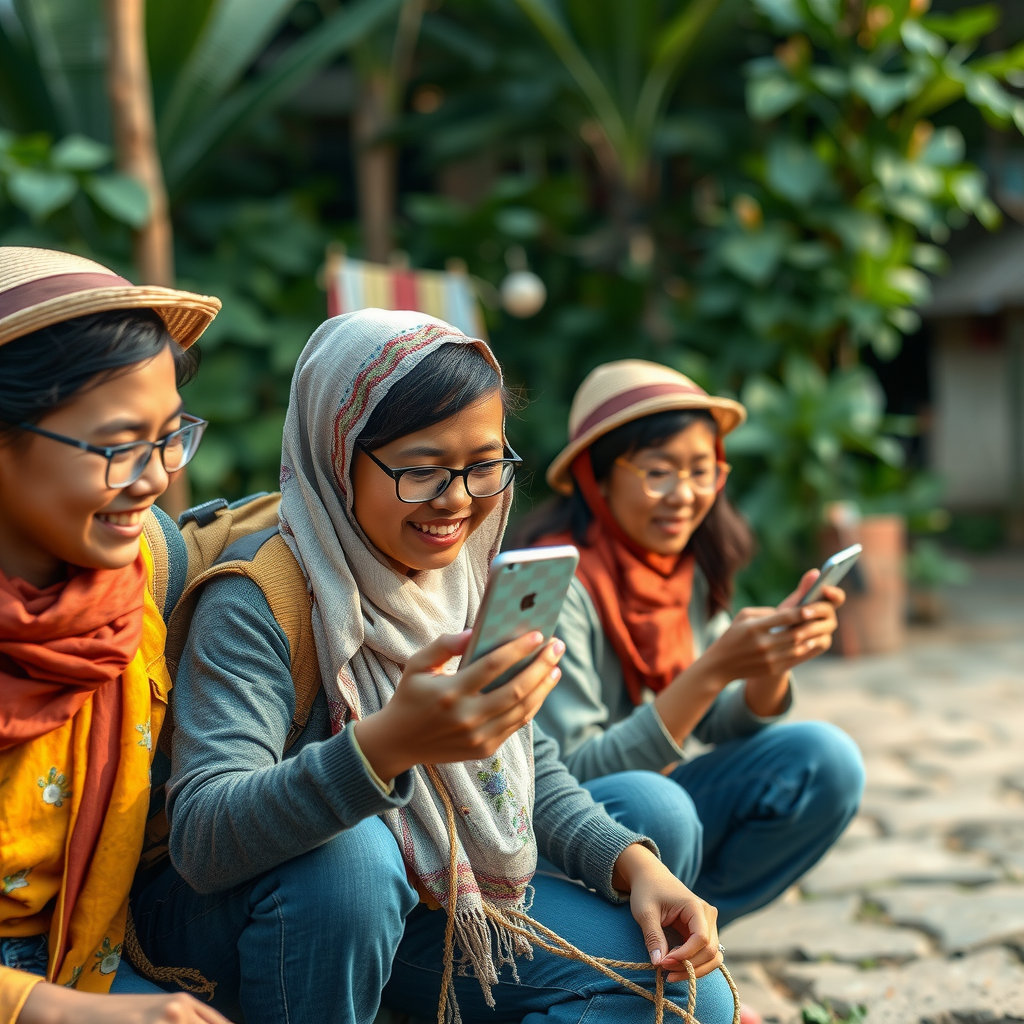 Modern travelers using technology to connect with local communities, showing a blend of traditional cultural activities and contemporary sustainable tourism practices