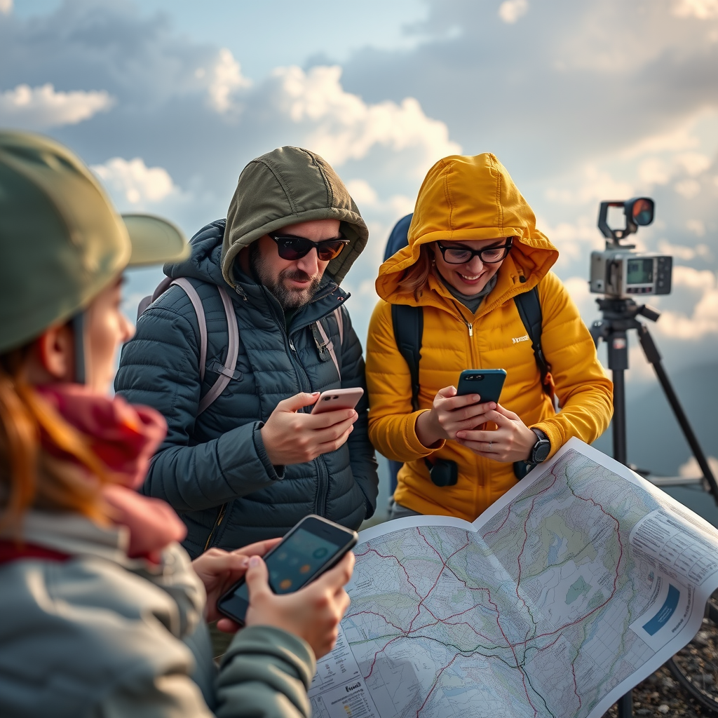 Adventure travelers checking weather conditions on mobile devices and observing cloud formations, with visible weather monitoring equipment and maps showing storm patterns and safe routes