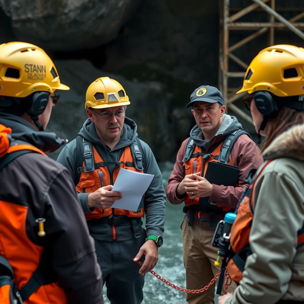 Professional adventure travel guides conducting safety briefing with group of travelers, showing proper equipment use, demonstrating safety techniques, with visible safety gear and communication devices
